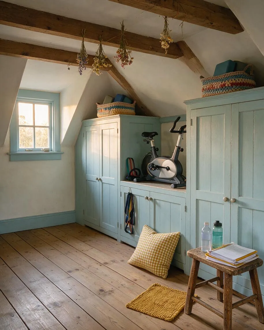 A cozy attic-style home gym with exposed wooden ceiling beams, soft white walls, and pale blue built-in cabinets lining the room. An exercise bike sits in the center storage niche, with woven baskets, resistance bands, dried flowers hanging from the beams, and a small rustic stool with water bottles and papers nearby.