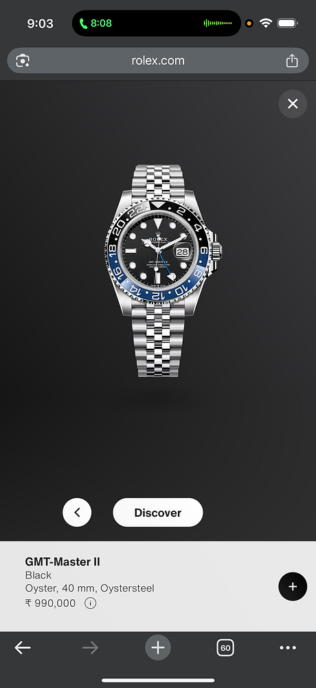 A Rolex GMT-Master II watch is displayed on a mobile interface.