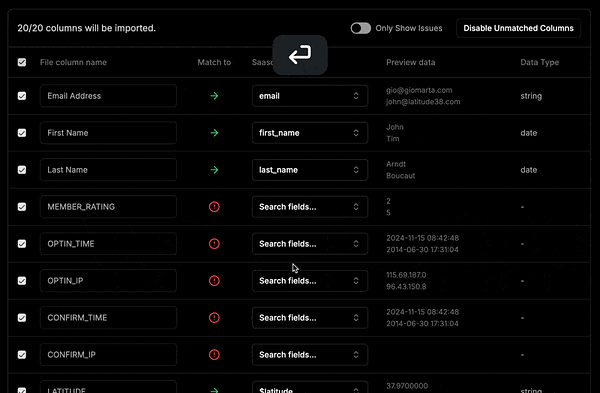 The image displays a CSV importer interface for importing contact data into a platform.