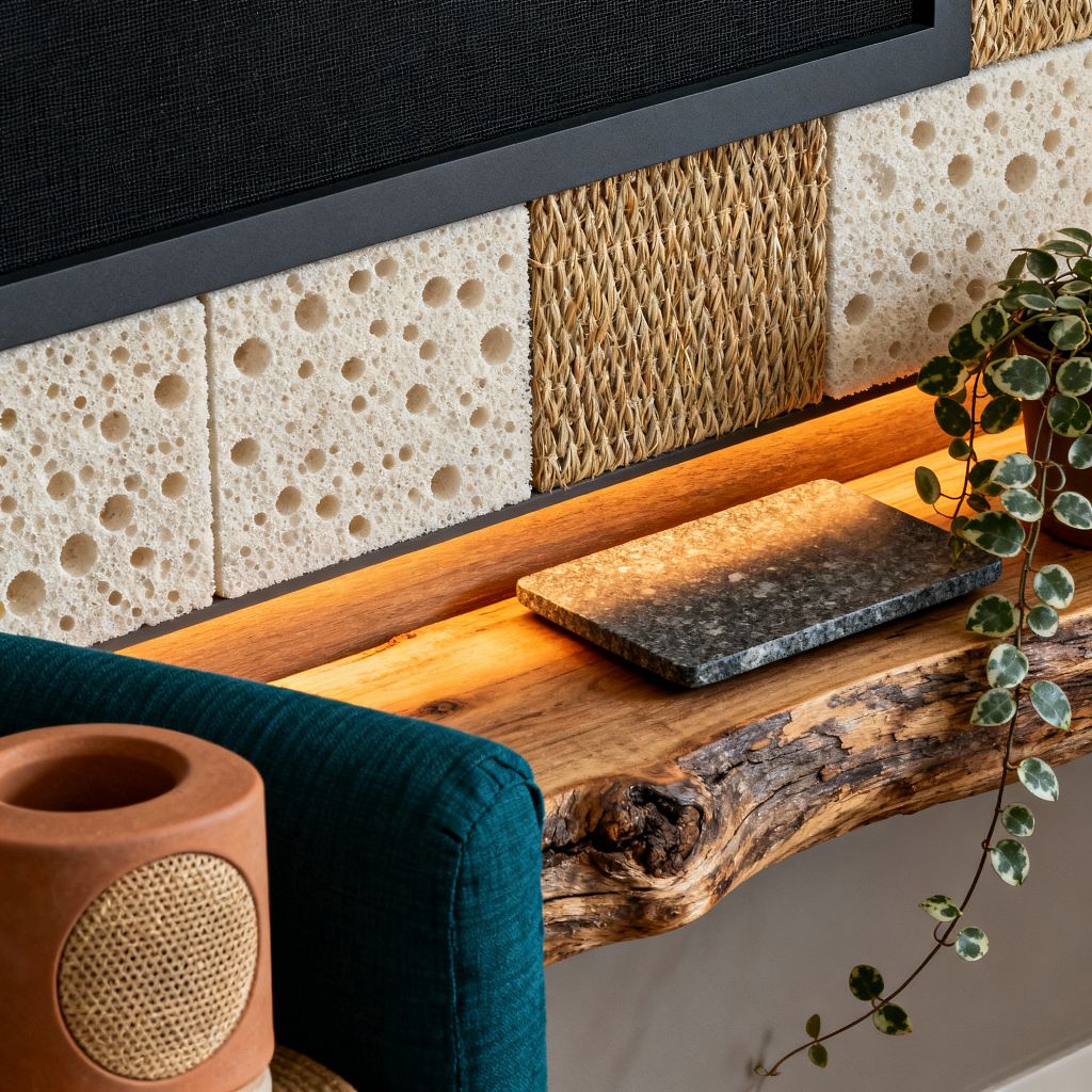 A close-up of a biophilic media wall shows a black-framed screen above alternating panels of porous cream stone and woven natural fiber. A live-edge wooden shelf runs below, illuminated by a concealed warm LED strip. On the shelf sit a dark speckled stone tray and a trailing plant with round variegated leaves. The corner of a teal upholstered seat and a small terracotta speaker with cane mesh are visible, emphasizing tactile materials and earthy tones.