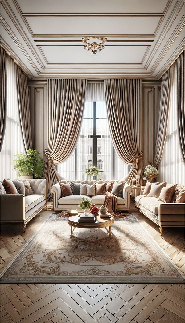 A cozy living room with large windows adorned with elegant, flowing drapes that complement the room's décor.