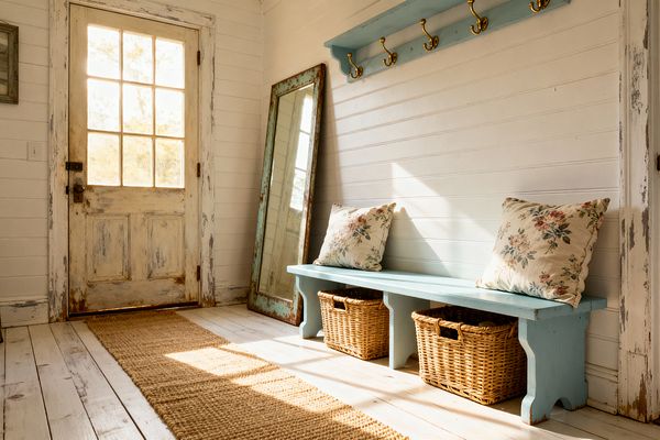 A sunlit mudroom with white shiplap walls features a weathered, glass-paneled wooden door and a pastel aqua bench topped with two floral cushions. A matching shelf with brass coat hooks hangs above, with two woven baskets beneath the bench, a tall chippy turquoise mirror leaning on the wall, a natural jute runner, and distressed white painted plank floors creating a timeworn cottage feel.