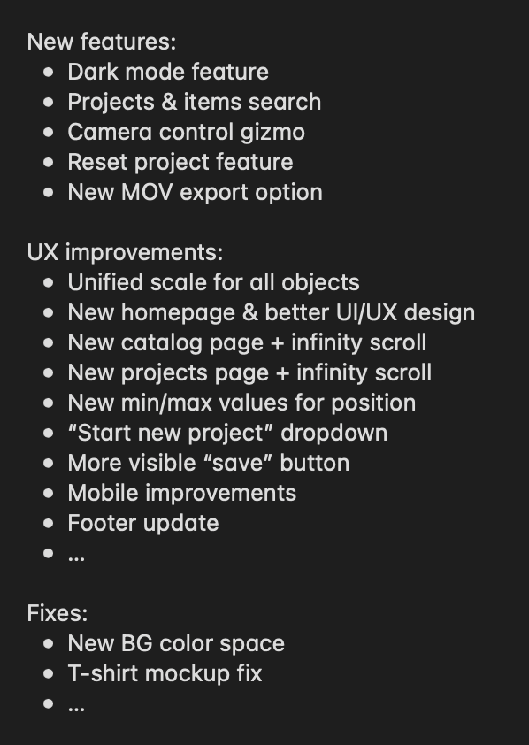 The image displays a list of new features, UX improvements, and fixes for an upcoming software release.