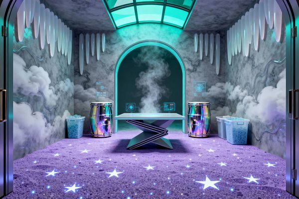 A futuristic laundry room features a lavender floor dotted with glowing star inlays and a central X-base folding table with a glass top emitting steam. Two iridescent drum-like washer and dryer units flank the table, set against smoky gray cloud murals with glossy white icicle fins. A curved teal-lit ceiling panel and a glowing arched opening define the space, with translucent plastic laundry bins and floating holographic control panels on both sides.