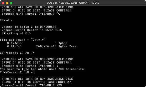 A DOSBox terminal interface displaying a format command for drive C: with warnings about data loss.