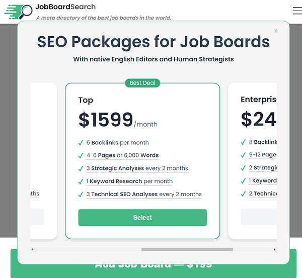 The image displays a pricing table for SEO packages tailored for job boards.