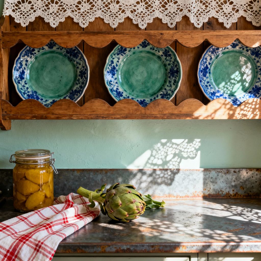 A sunlit French country kitchen vignette shows a wall-mounted wooden plate rack trimmed with crochet lace and holding green and blue hand-painted ceramic plates. Below, a patinated zinc countertop and low backsplash meet a mint plaster wall, while a red-and-white gingham tea towel, a glass jar of preserved lemons, and a fresh artichoke rest on the surface, catching delicate lace-patterned shadows.