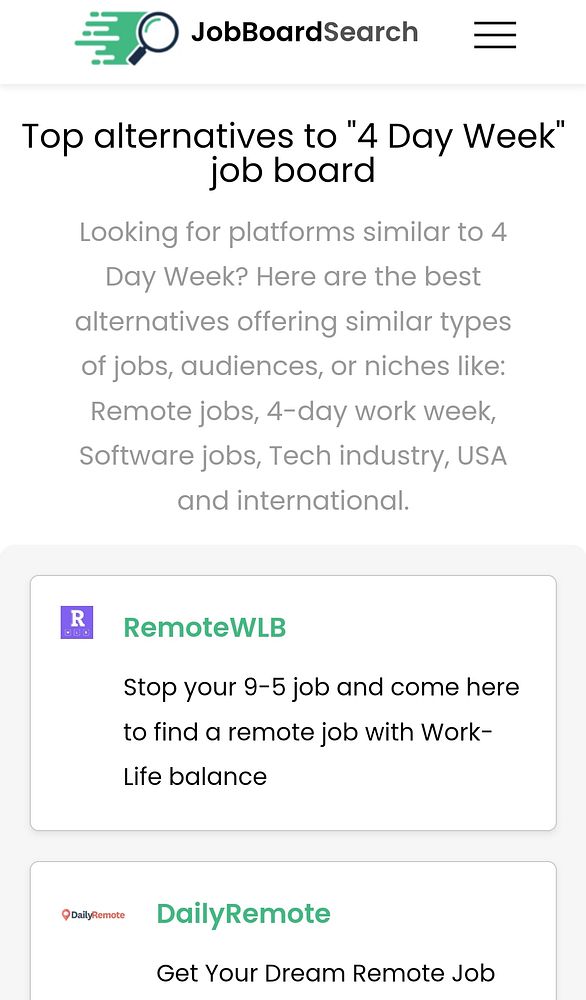 The image displays a webpage titled 'Top alternatives to "4 Day Week" job board' with two job platform options listed.