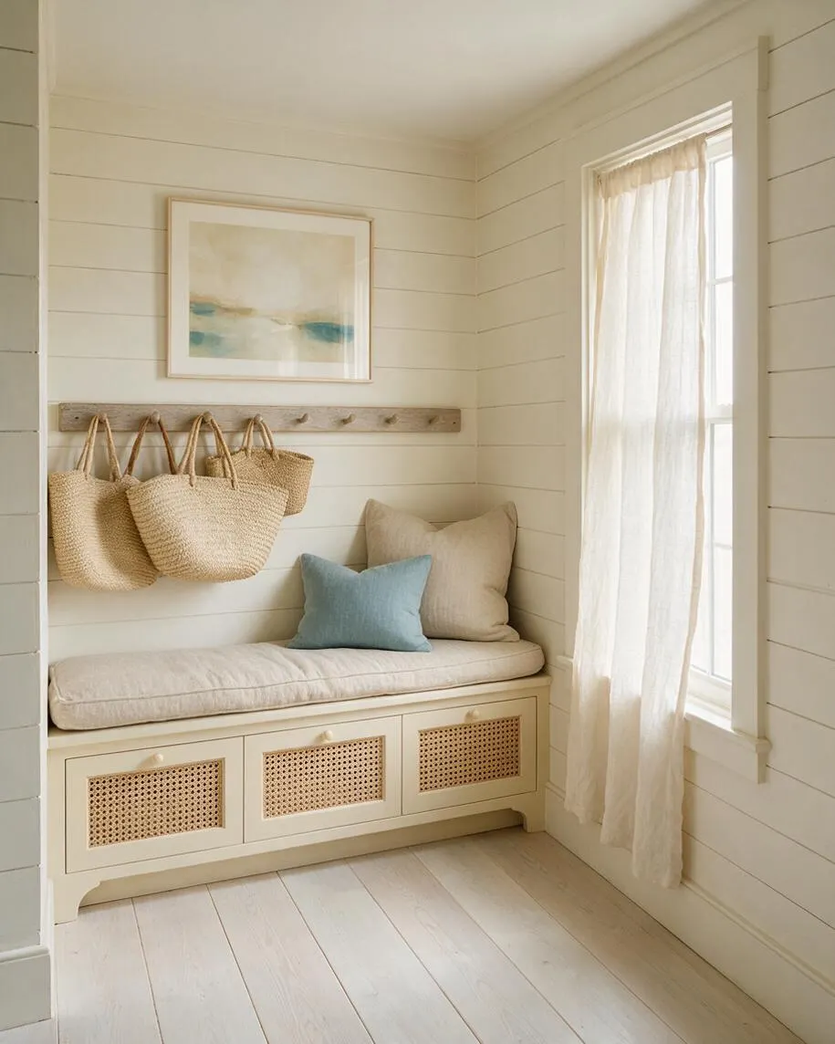 A bright coastal-style entryway with white shiplap walls, a built-in bench with cane-front storage drawers, and a cushioned seat with neutral and blue pillows. Straw tote bags hang from a rustic wood peg rail beneath a soft abstract seascape, while a sheer curtain filters sunlight beside a tall window.