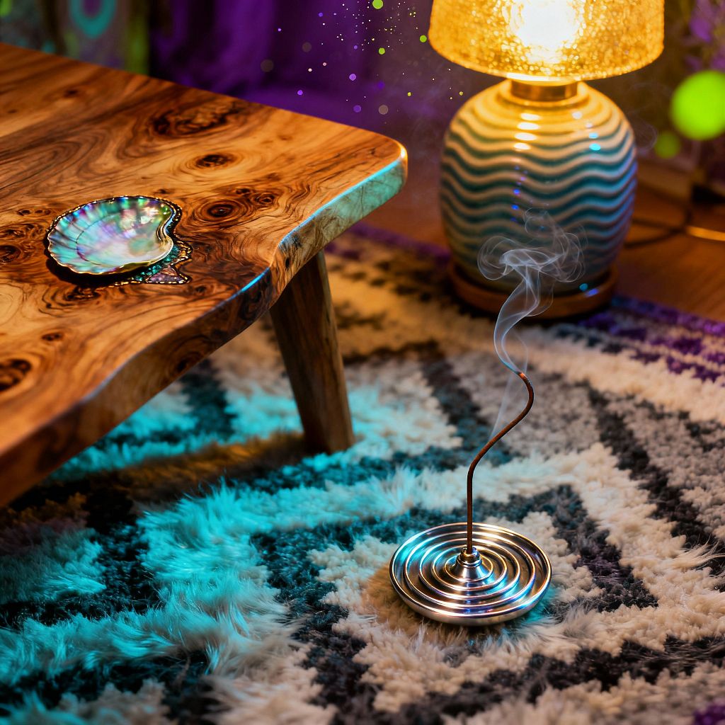 A cozy psychedelic living room vignette shows a low live-edge wood coffee table with swirling knots and an iridescent abalone shell dish. Nearby, a polished metal incense holder releases a thin wisp of smoke over a plush zigzag shag rug in ivory, charcoal, and purple. A ceramic table lamp with teal-and-white wavy stripes and a golden textured shade casts warm light, while teal and purple ambient lighting adds a dreamy, trippy atmosphere.