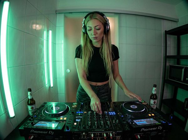 A female DJ is performing in a dimly lit room with green lighting.