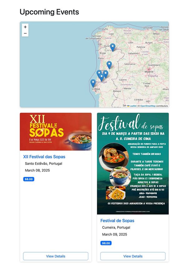 The image displays a map with event markers and details for upcoming soup festivals in Portugal.