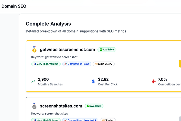 The image displays a user interface for a domain SEO analysis tool.