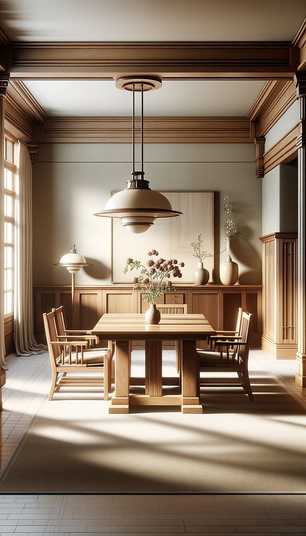 An elegantly designed living room featuring Stickley furniture, including a beautifully crafted wooden table and chairs, set against a backdrop of neutral colors and natural light.