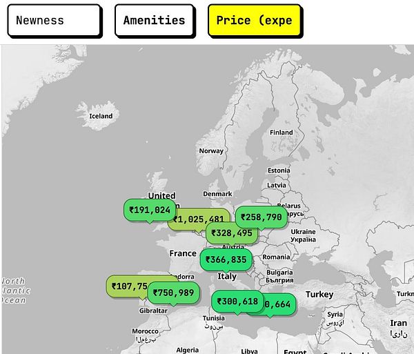 Screenshot of a hotel listing page showing hotel prices with decimal points and no currency symbol, accompanied by sorting options and filters.