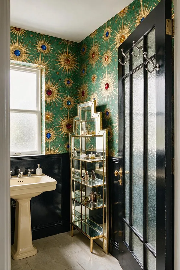 A compact powder room featuring emerald green wallpaper with gold sunburst patterns and jewel-toned accents, black lower wall paneling, a cream pedestal sink, and a tall mirrored brass étagère. A black door with frosted glass panels and silver hooks adds contrast, while a small frosted window brings in soft daylight.