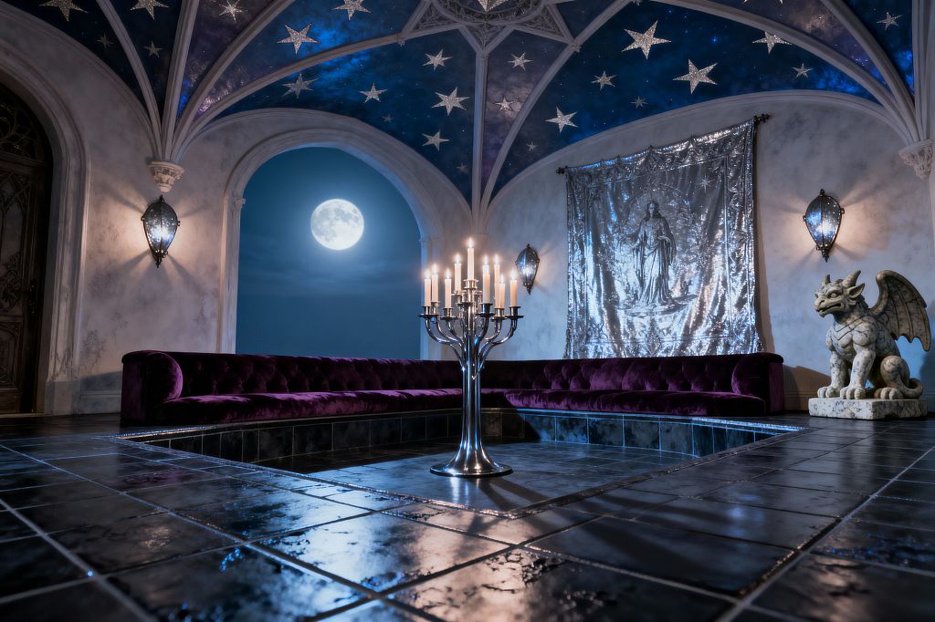 A dramatic Gothic living room with a rib-vaulted ceiling painted midnight blue and studded with silver stars. A deep-purple tufted velvet sectional wraps a sunken seating area centered by a polished silver candelabra, while black stone tiles, textured pale plaster walls, blue-glass lantern sconces, a shimmering devotional tapestry, a carved stone gargoyle, and a pointed arch revealing a full moon create a moody, cathedral-like atmosphere.