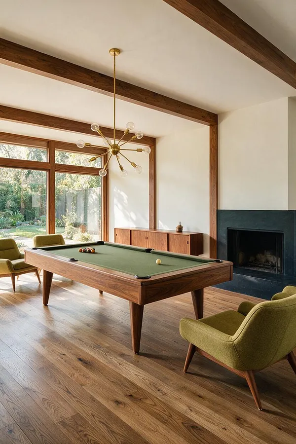 A mid-century modern game room with a walnut pool table centered on warm wood floors, surrounded by olive-green lounge chairs. Large wood-framed windows bring in natural light, while exposed ceiling beams, a brass starburst chandelier, a low wood credenza, and a dark fireplace create a refined, cozy atmosphere.