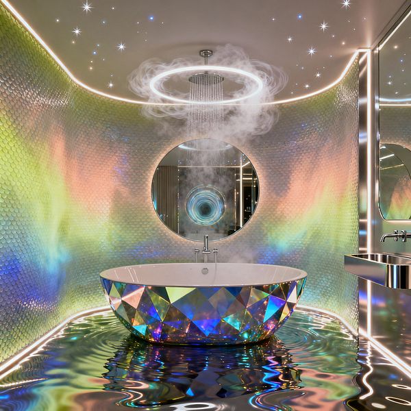 A futuristic bathroom centers on a round, faceted bathtub that shimmers in holographic colors, set on a glossy, liquid-like black floor. Curved walls clad in small iridescent tiles glow with rainbow light from hidden LEDs, while a circular ceiling rain shower with a luminous halo steams above a round portal-style mirror. Fiber-optic star lights dot the ceiling, and a stainless steel vanity reflects the vivid palette.