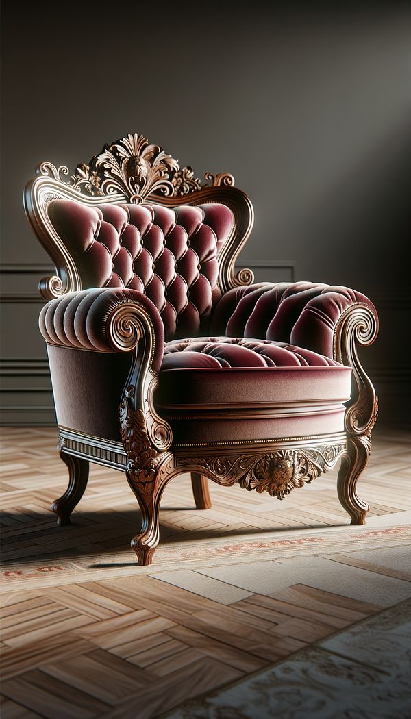 A sophisticated and elegantly carved wooden fauteuil with luxurious velvet upholstery, placed in an opulent living room setting.