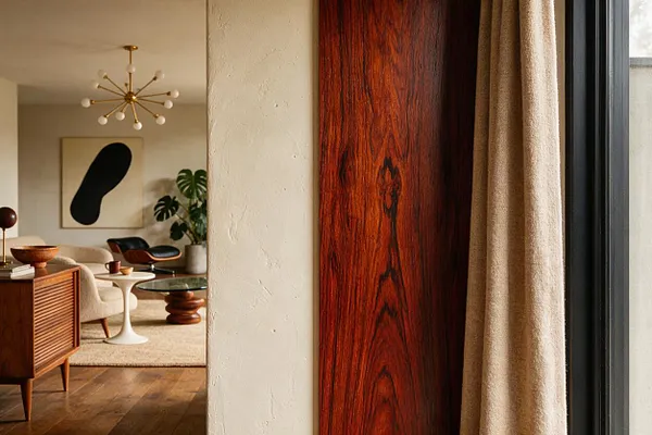 A warm mid-century modern living room is seen through a doorway beside a close-up of a richly grained reddish wood panel. The room features cream upholstery, a white pedestal table, a starburst chandelier, abstract wall art, and natural textures in a neutral palette.