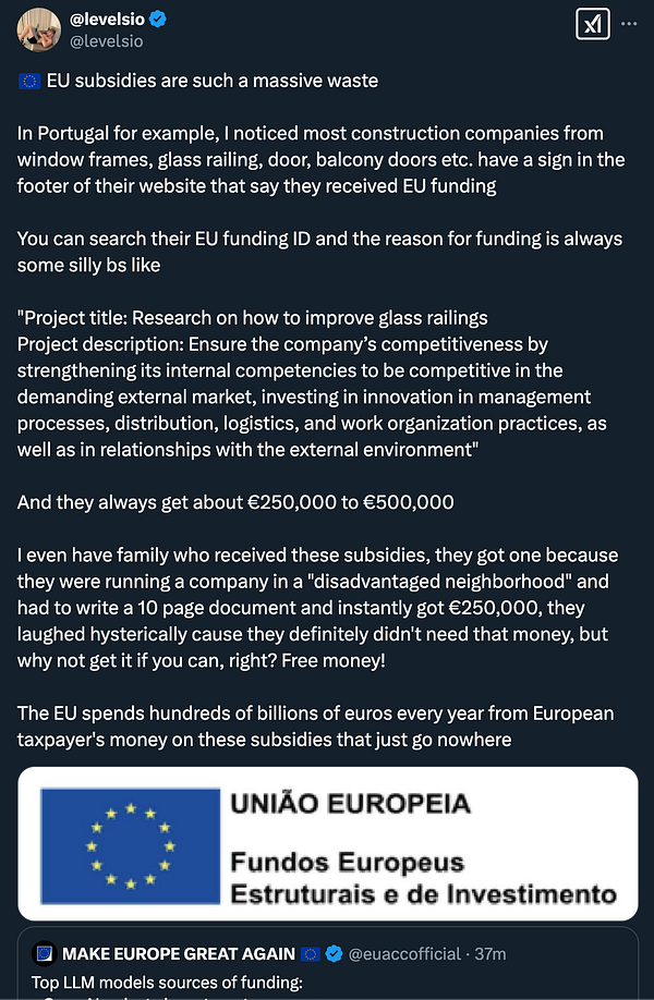 A Twitter post discussing the perceived wastefulness of EU subsidies, featuring a detailed personal account and a graphic related to EU funding.