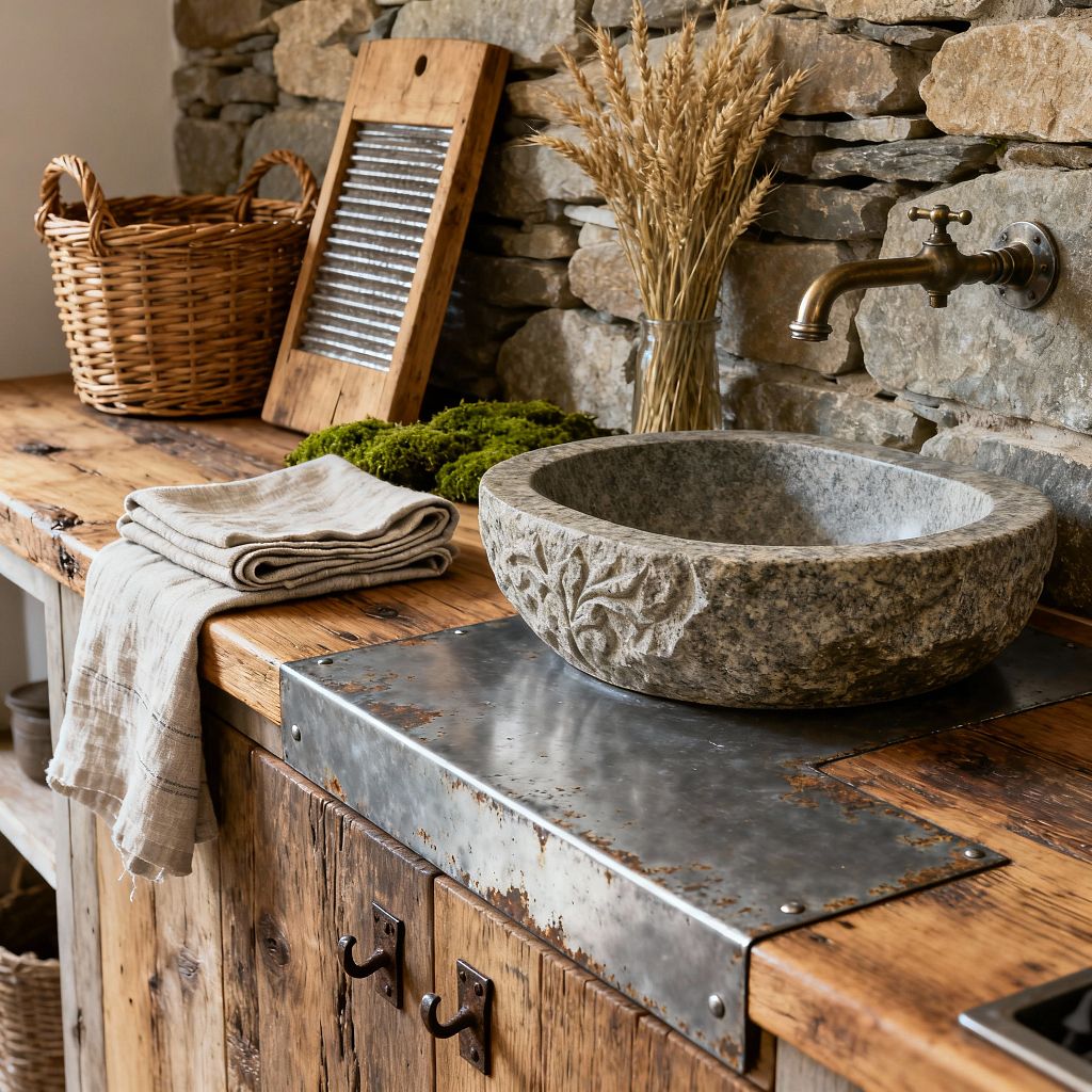 Close-up of a rustic laundry room countertop set against a stacked fieldstone wall. A hand-carved gray stone vessel sink sits on a reclaimed wood worktop protected by a riveted galvanized steel plate, with a wall-mounted antique brass faucet above. Beside it are folded natural linen towels, a woven wicker basket, a vintage wood-and-tin washboard leaning against the wall, and a jar of dried wheat; soft light highlights the weathered textures and earthy tones.