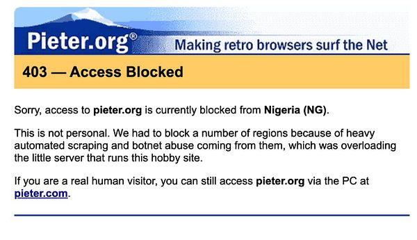 Webpage showing a 403 Forbidden error with a message about region-based access blocking and a retry button.