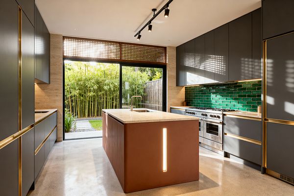 Contemporary kitchen with matte dark gray cabinets trimmed in brass and a terracotta island with an integrated vertical light, all topped with pale stone counters. A glossy emerald subway tile backsplash, stainless-steel professional range, under-cabinet lighting, black ceiling track lights, and polished concrete floor sit before a wall of sliding glass doors and a perforated timber screen that open to a bamboo garden, filling the room with filtered natural light.
