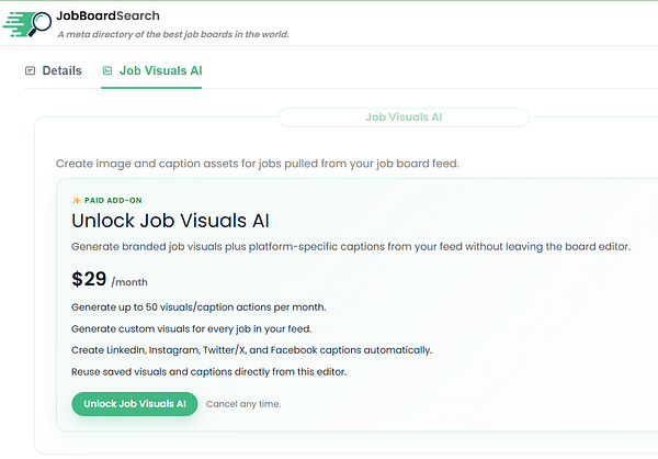 Screenshot of a Job Visual AI paywall configuration page in an app interface.