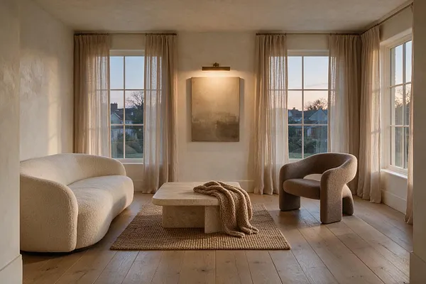 A sunroom with large windows on three sides, sheer beige curtains, and warm natural light. The space includes a curved cream sofa, a sculptural brown lounge chair, a low stone coffee table on a woven rug, and a minimalist wall artwork above the table.
