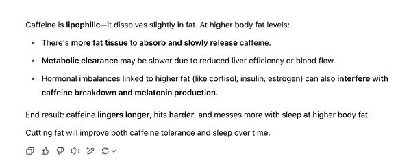 The image presents information about how body fat percentage affects caffeine metabolism and sleep quality.