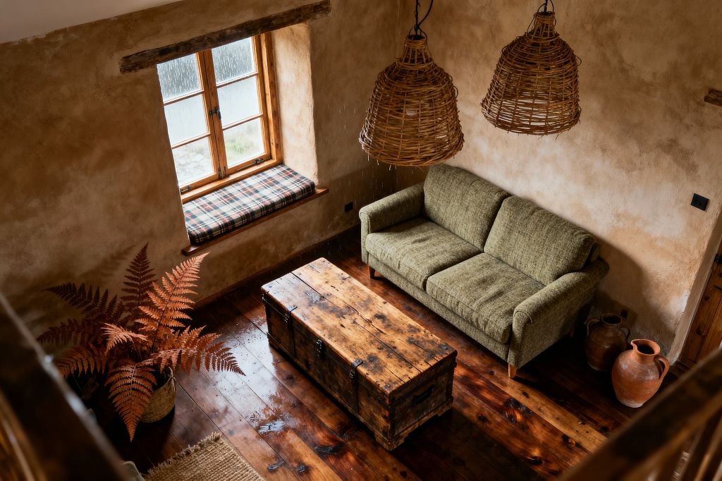 Bird’s-eye view of a rustic living room with tan plaster walls and dark polished wood floors. An olive green sofa sits against the wall beside two terracotta jugs, facing a weathered wooden trunk coffee table with black iron hardware. A wood-framed window with a plaid-cushioned sill brings light, while two large rattan pendant lights hang above; a woven basket with rust-colored ferns and a small jute rug complete the warm, earthy scene.