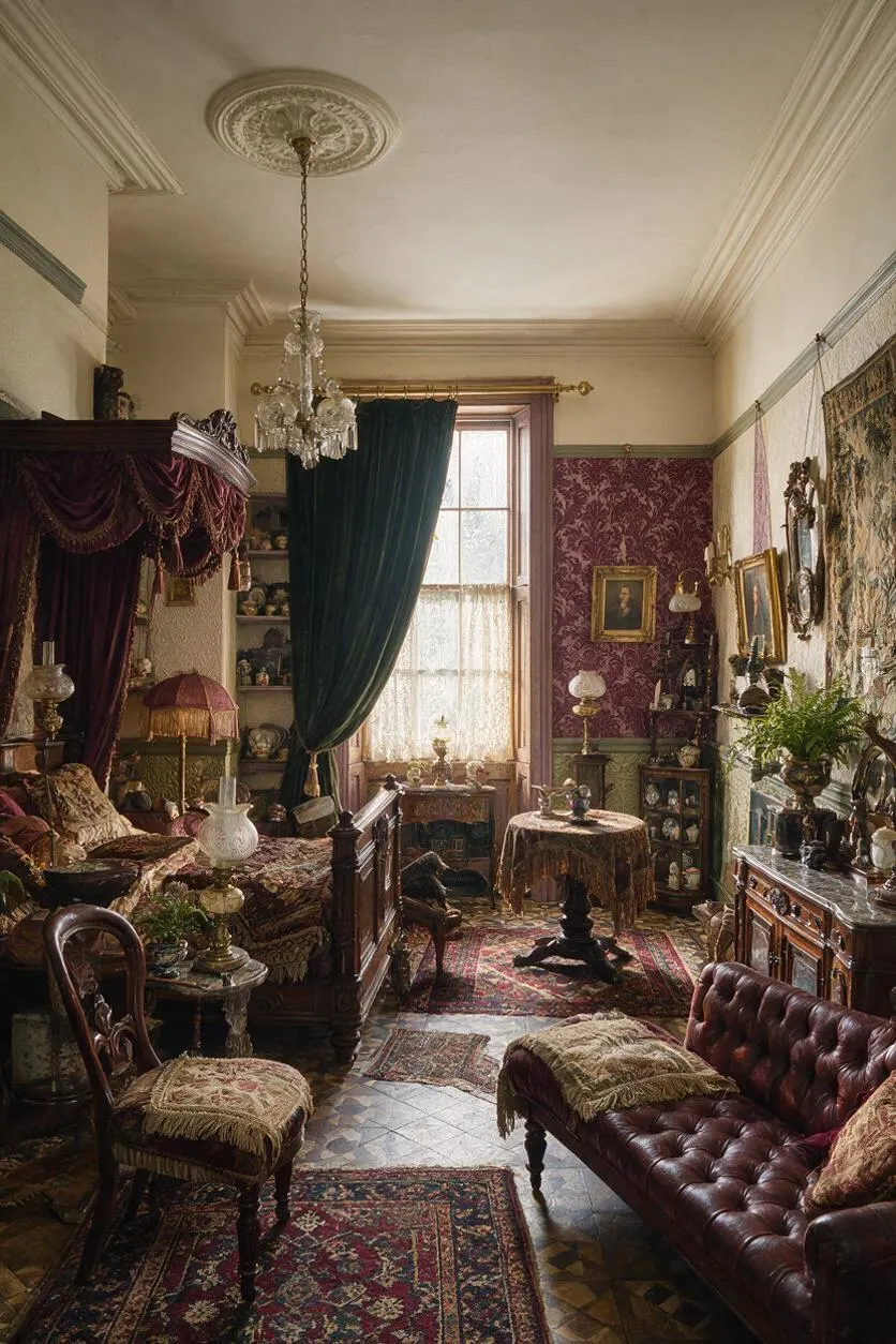 A compact Victorian-style studio apartment filled with ornate furnishings, including a carved dark wood bed, a burgundy leather sofa, patterned rugs, and lace curtains over a tall window. The room features a crystal chandelier, antique portraits, tapestry wall art, and deep jewel-toned drapery in a richly layered, historic interior.
