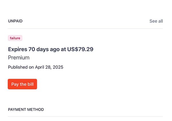 The image displays a payment notification indicating an unpaid invoice with a failure status.
