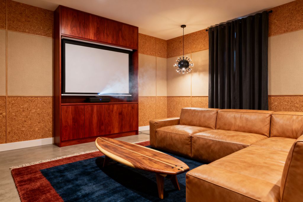 A Mid-Century Modern media room features a caramel leather sectional facing a built-in walnut-veneer cabinet with a drop-down projector screen and soundbar. Walls combine cork and beige acoustic panels, a black sputnik pendant hangs near charcoal blackout curtains, and a surfboard-shaped wood coffee table sits on a deep navy rug with a rust border over polished concrete flooring.
