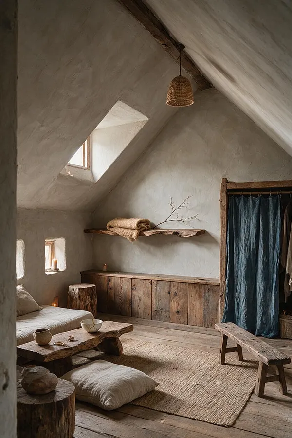A rustic closet-like room with sloped plaster ceilings, rough wooden cabinetry, and a blue fabric curtain framing the storage area. Natural wood furniture, a woven pendant light, and muted neutral textiles create a calm, unfinished wabi-sabi atmosphere.