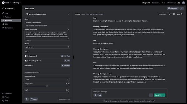 The image displays a user interface for an OpenAI assistant focused on generating daily mantras.