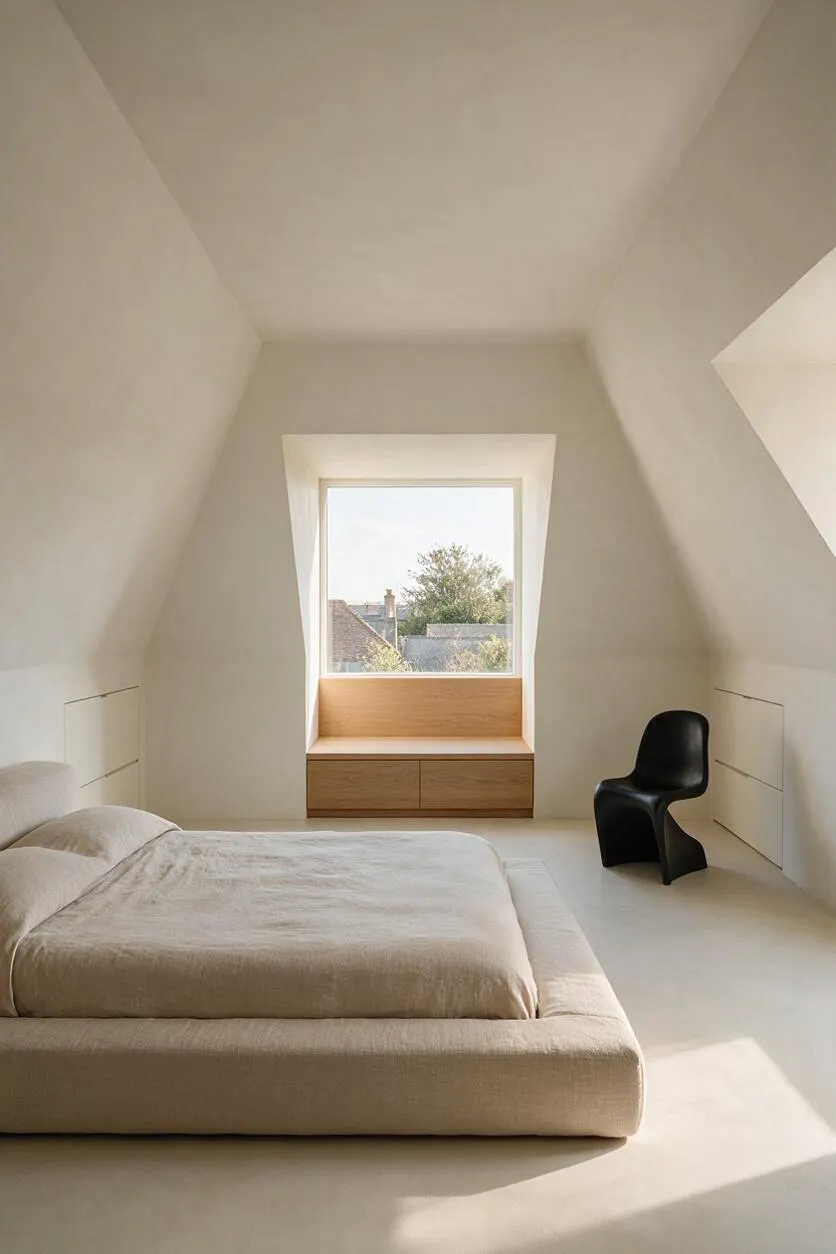 A serene minimalist master bedroom with sloped white walls, a low upholstered bed in soft beige linen, and a built-in wooden window seat beneath a centered window. A black sculptural chair adds contrast while daylight fills the calm, uncluttered space.