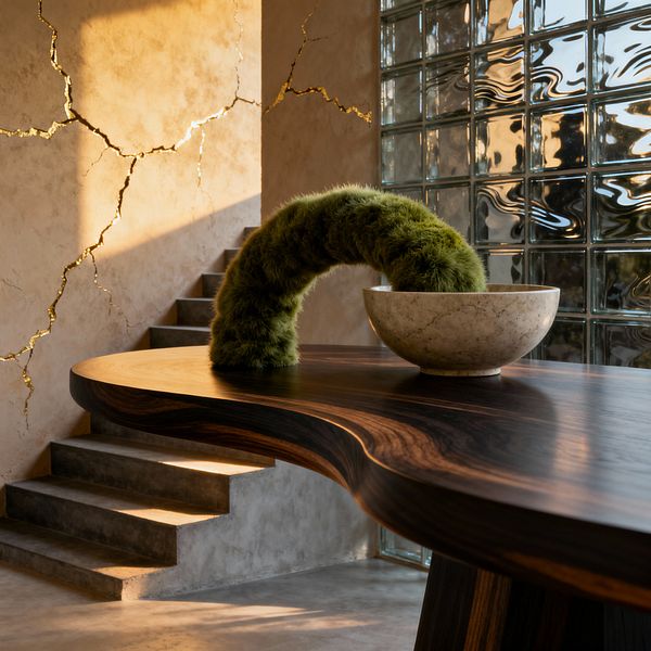 A sunlit living room with a sculptural walnut table holding a beige marble bowl pierced by an arched, moss-green fur-like object. Behind the table, pale plaster walls display dramatic gold-leaf-filled cracks, a raw concrete stair rises at left, and a full-height wall of rippled glass blocks refracts warm light. The mix of rich wood grain, stone, concrete, and textured glass creates a refined yet dreamlike scene.