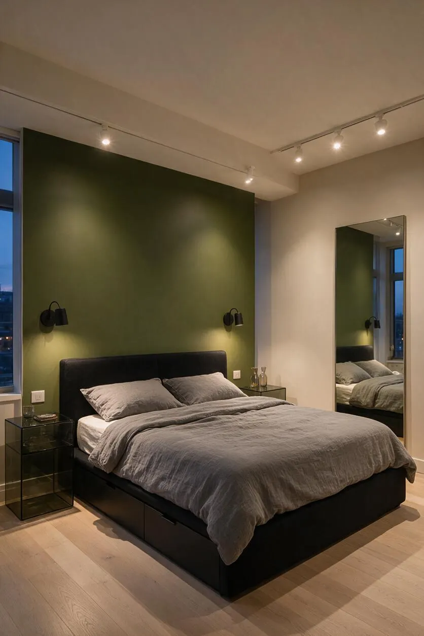 A modern master bedroom with a black upholstered bed centered against a deep olive green accent wall. Gray bedding, black wall sconces, a full-length mirror, and light wood flooring create a clean, minimal look with warm evening lighting.