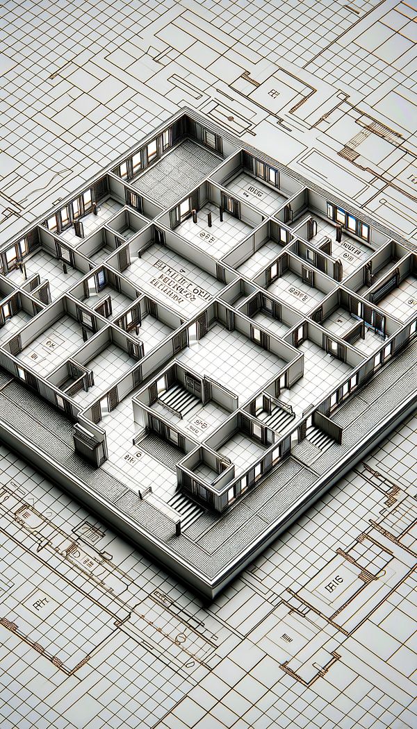 An architectural floor plan showing clearly marked egress pathways, including doors and hallways, within an interior space.