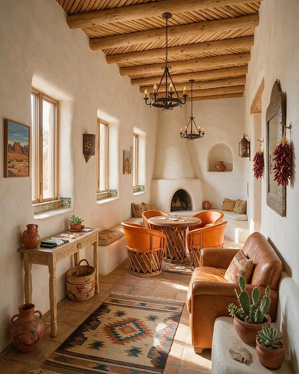 A narrow Southwestern-style game room with white adobe walls, a rustic wood beam ceiling, and terracotta tile flooring. The room features orange leather chairs around a round wooden table, a tan leather sofa, built-in bench seating, a small fireplace, woven rugs, clay pottery, hanging lanterns, and decorative chili peppers.