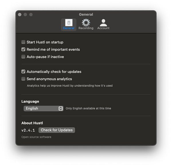 The image displays a preferences window for the Hustl application, featuring various settings and options.