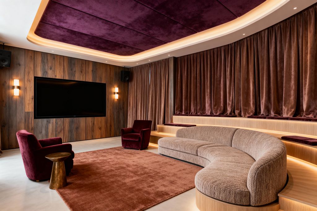 A transitional media room features a curved beige sectional on tiered wood platforms with integrated LED lighting, two burgundy velvet armchairs, and a rust rug over a light microcement floor. A walnut-paneled wall holds a large flat-screen flanked by frosted sconces and black speakers. Floor-to-ceiling mocha velvet curtains line a curved wall, and a plum velvet coffered ceiling with recessed and cove lights creates a warm, cinematic atmosphere.