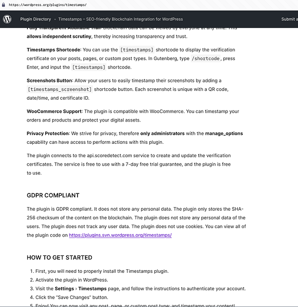 The image displays a webpage detailing the Timestamps plugin for WordPress, highlighting its features and usage instructions.