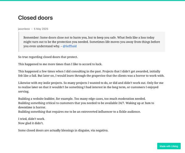 A reflective blog post discussing the concept of 'closed doors' and their protective nature.