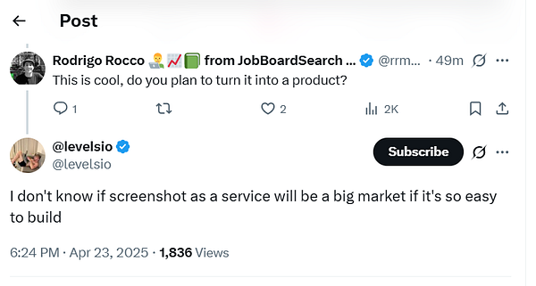 A Twitter post discussing the ease of building a screenshot service.