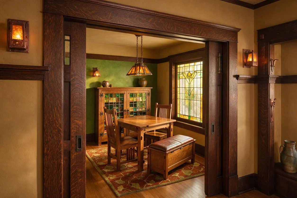 A Craftsman-style game room framed by dark wood trim and a wide opening, with a small wooden table and chairs on a patterned rug. The room features a green accent wall, a leaded-glass cabinet, a stained-glass pendant light, and a large stained-glass window bringing in warm daylight.