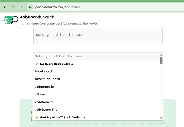 Screenshot of a job board selector dropdown menu in an application interface.